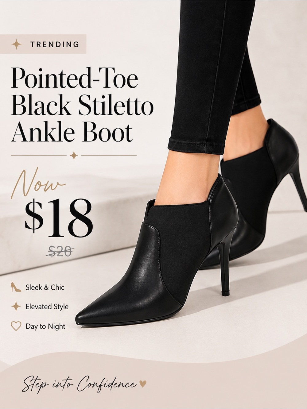 Pointed-Toe Black Stiletto Ankle Boot